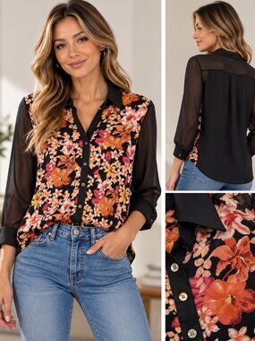 NWOT Blu Moon Floral Blouse Sheer Sleeves Back Button Down Boho Size M